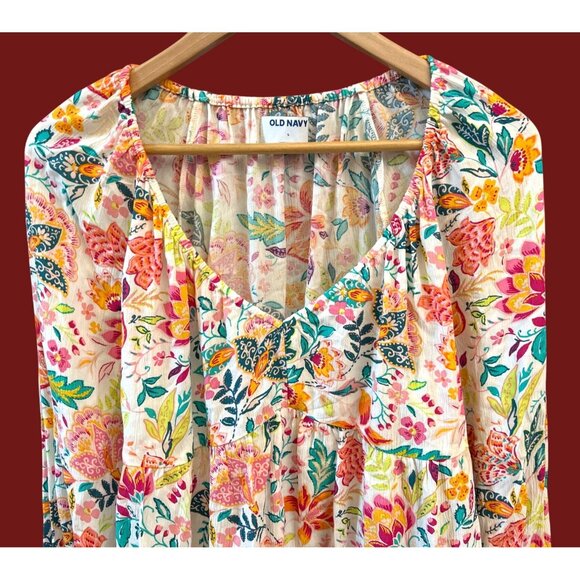 Old Navy Boho Floral Baby Doll Blouse Peasant Top Tropical Summer Large Resort - Picture 2 of 5
